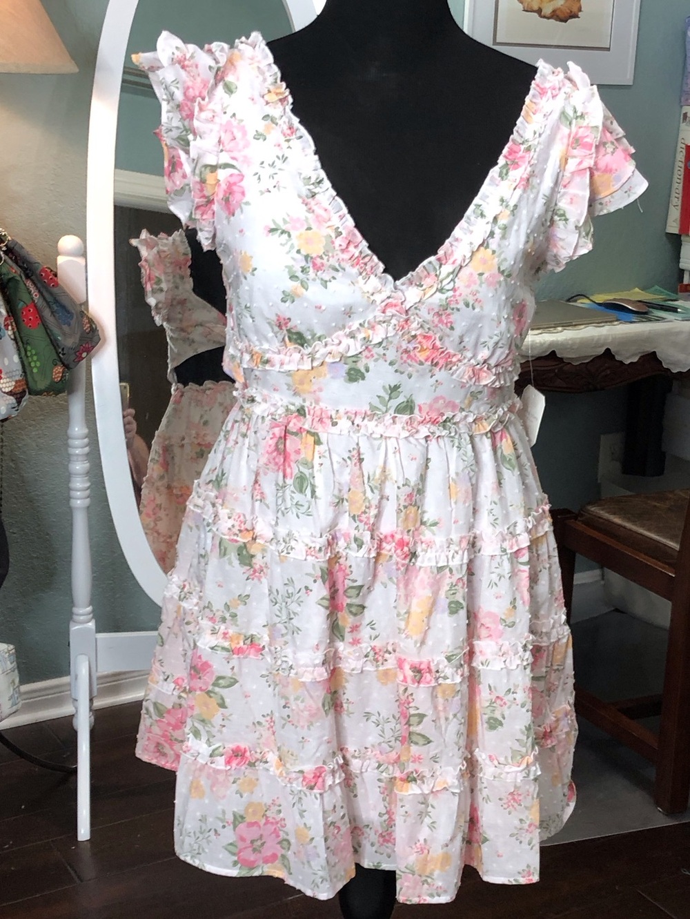 Altar'd State White and Pink Floral Tie-Back Sundress